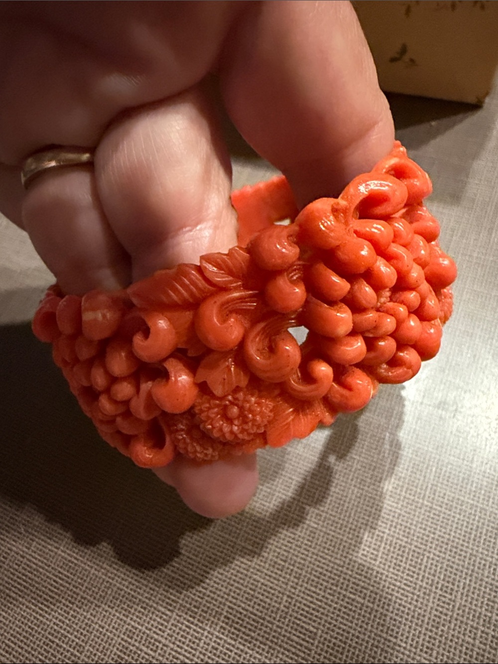 Vintage 60-70's Carved Plastic Coral Color Orange Flower Bangle Bracelet 1.25” W